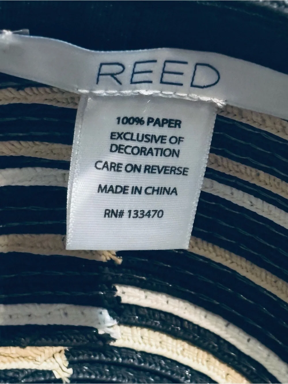 REED Striped Paper Sun Hat in Black, White & Natural